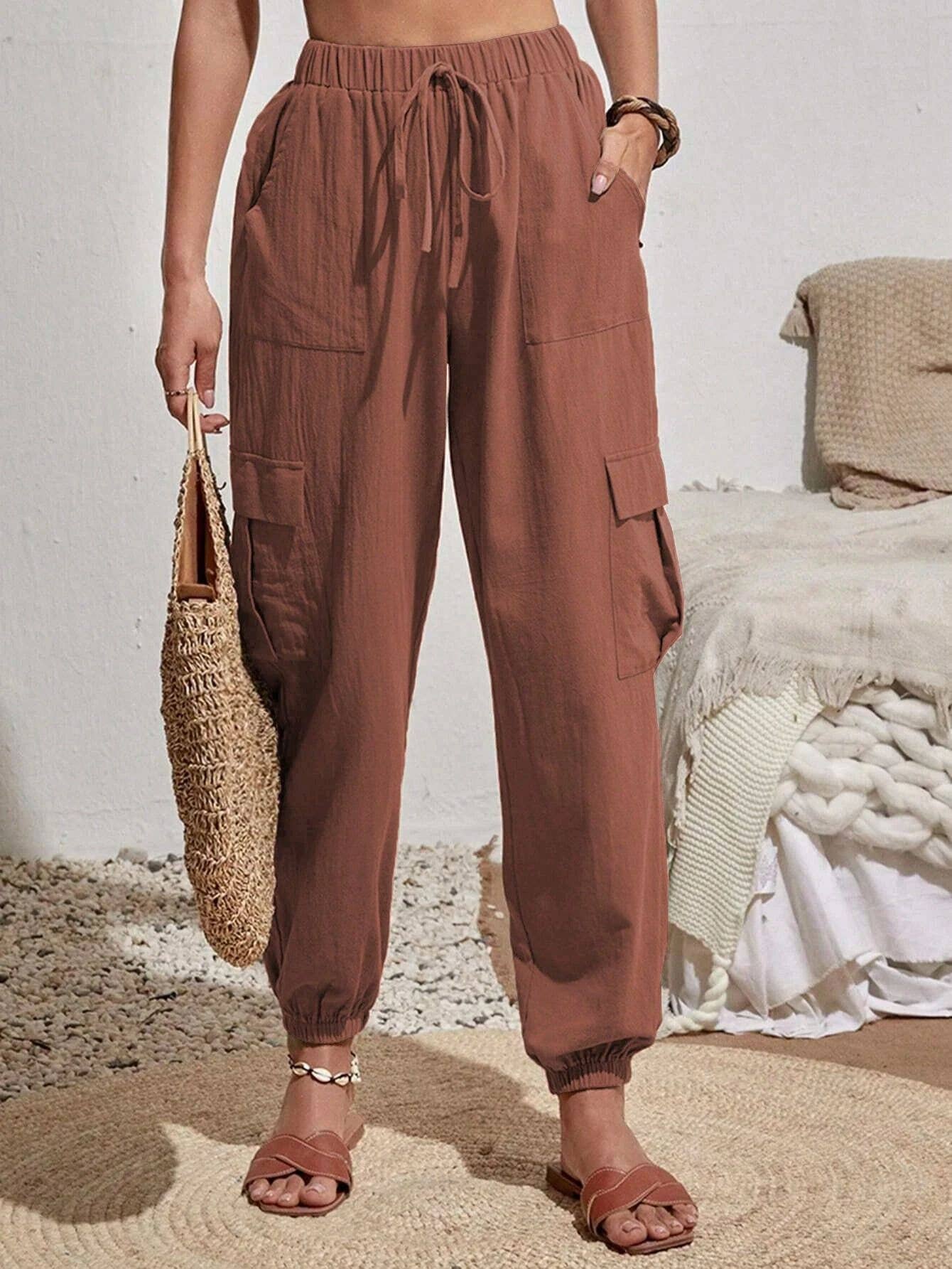 Wash Water Crepe Pocket Casual Cargo Pants: Green / L