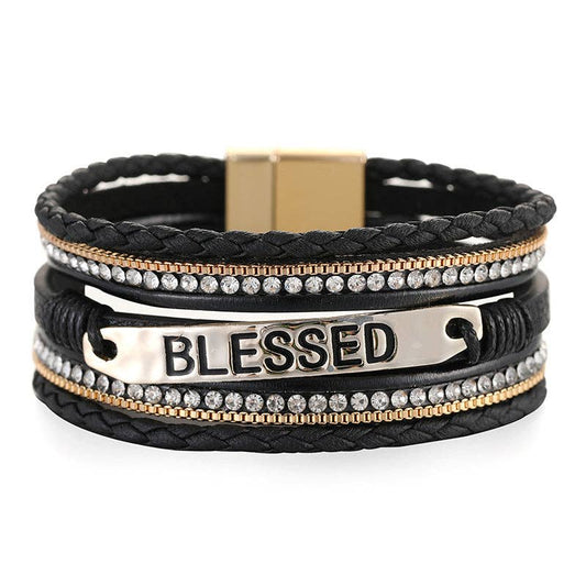 BLESSED Multi-Layer Leather Bracelet Magnetic Buckle Bangle: Black