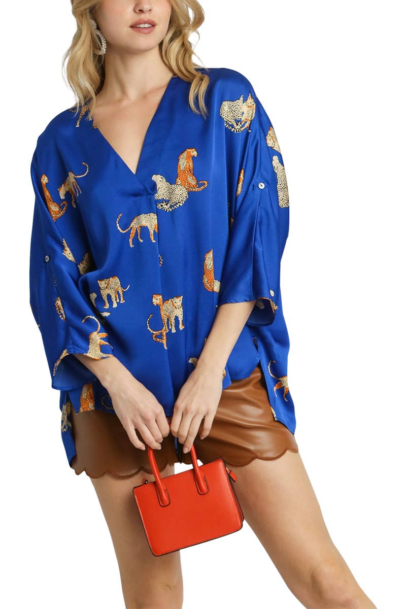 Satin Animal Print V-neck Front Pleated Top: ROYAL