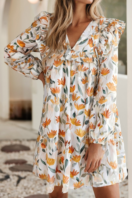 LDC Floral Print Tie Neck Frilled Detail Long Sleeve Dress: Yellow / XL