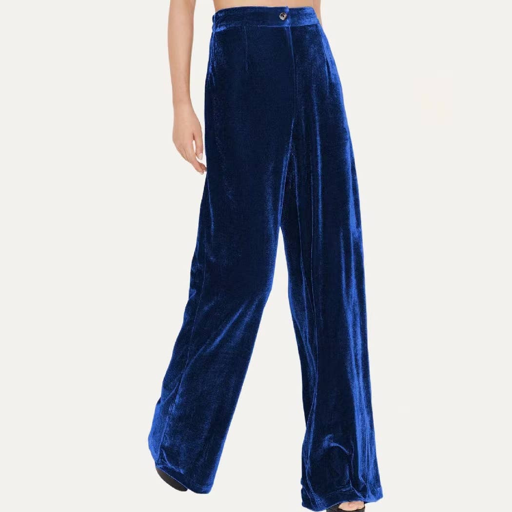 Chic Solid Velvet High-Rise Wide Leg Trouser Pants: Red / M