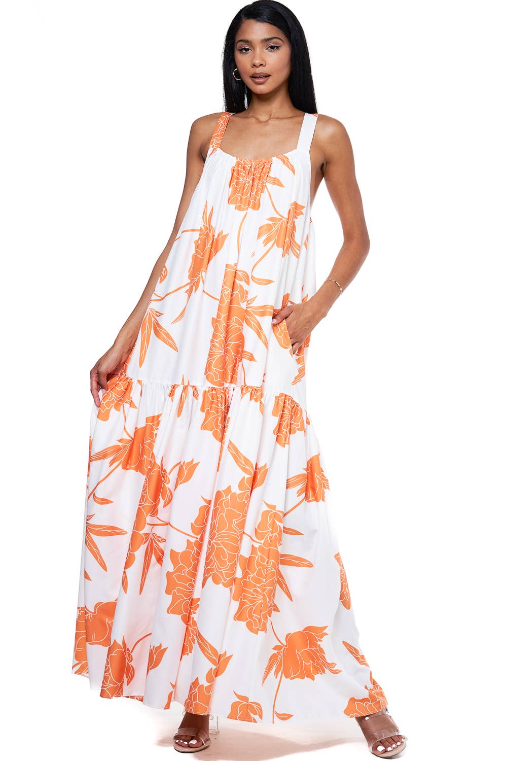 FLORAL PRINTED MAXI DRESS WITH POCKETS: Blue