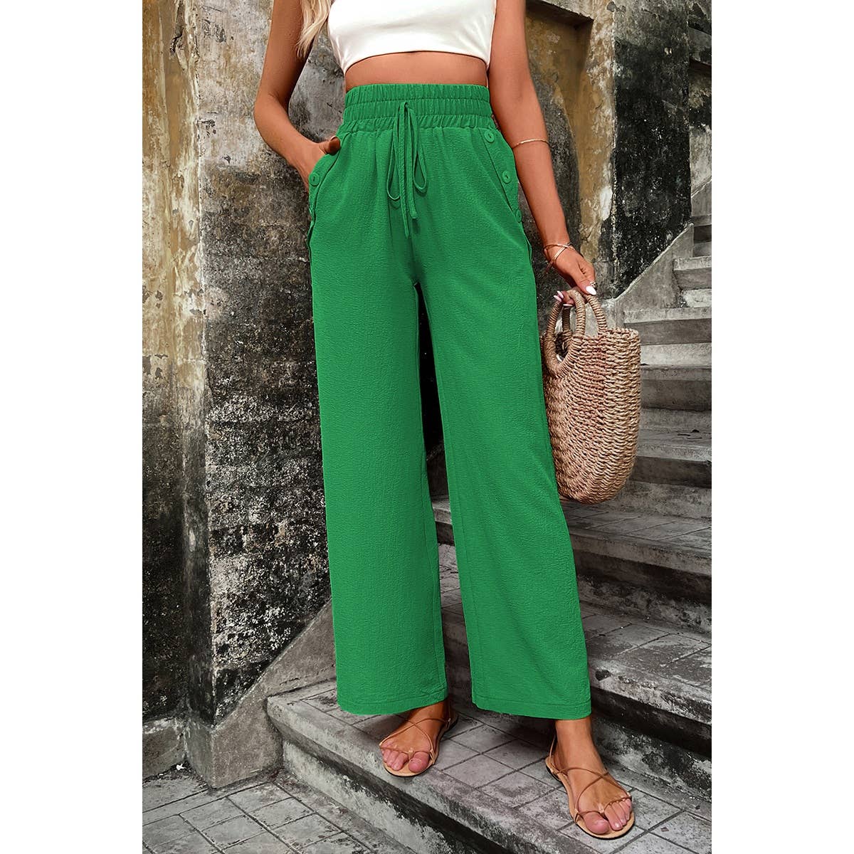 Elastic Waist Solid Pockets Button Trim Pants: GREEN / S