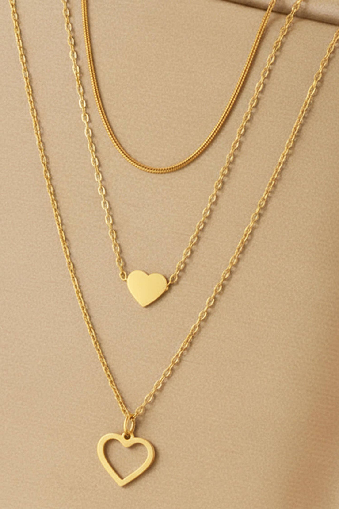 Valentines Plated Triple Layered Heart Necklace Set: Gold / ONE SIZE