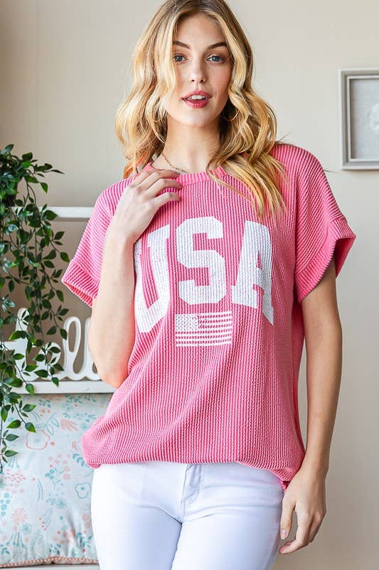 ET7523-11 SOLID RIBBED USA LETTERING TOP: CORAL / 2-2-2 (S-M-L)