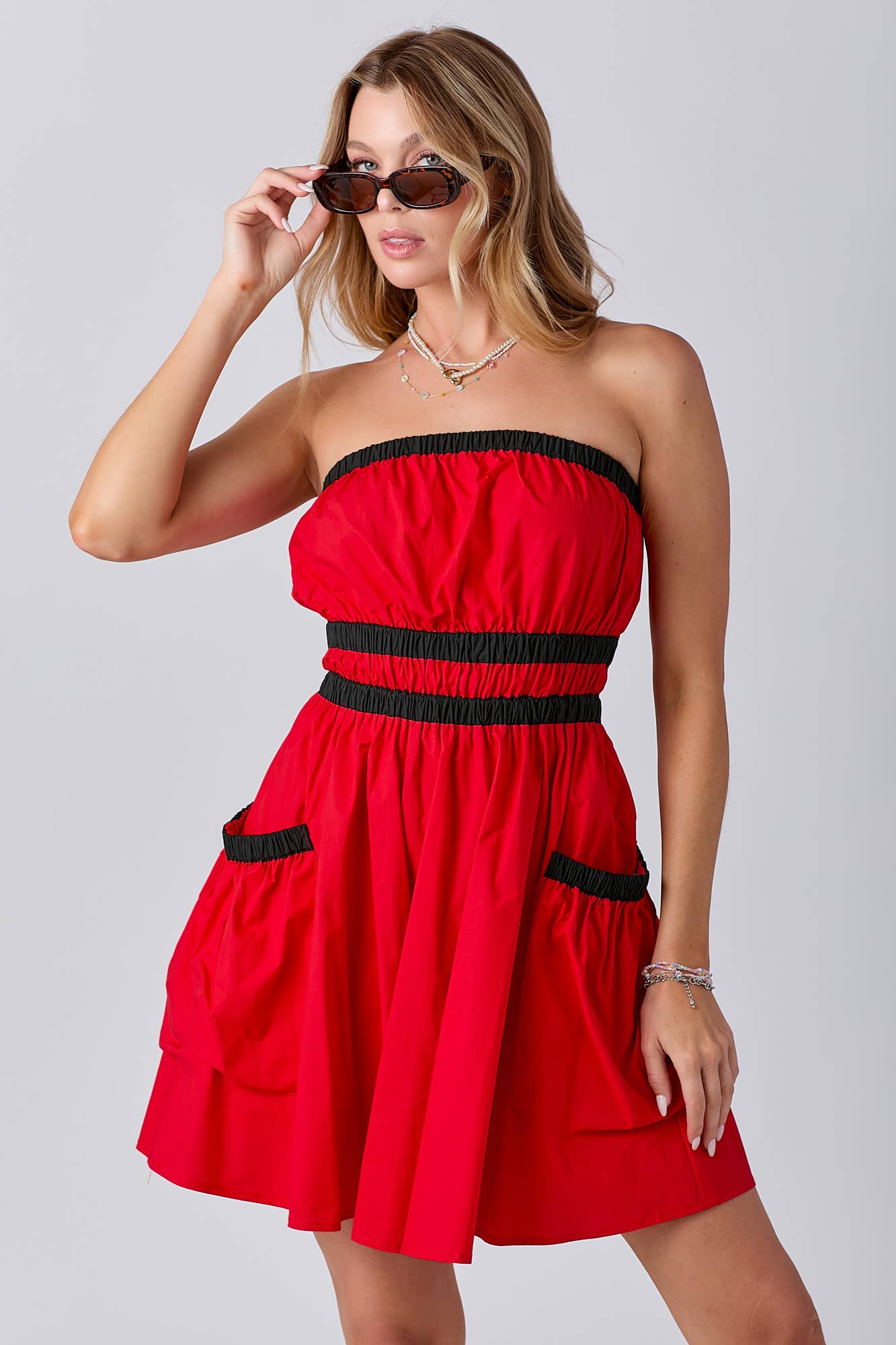 Gameday Contrast Gathered Over Sized Pocket Tube Dress : RED/BLK / L