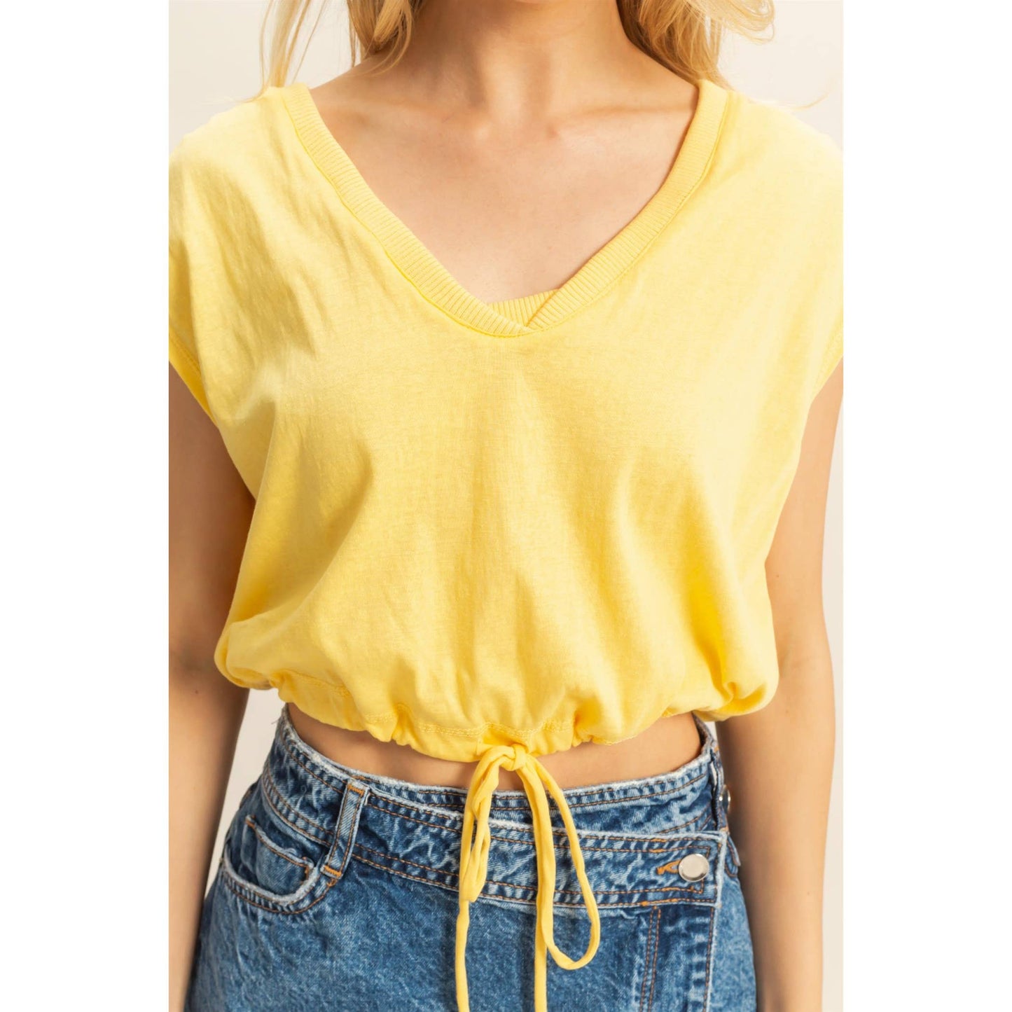 HF25C879-Cap Sleeve Drawstring Waist Knit Top: PINK / S-M-L(2-2-2)