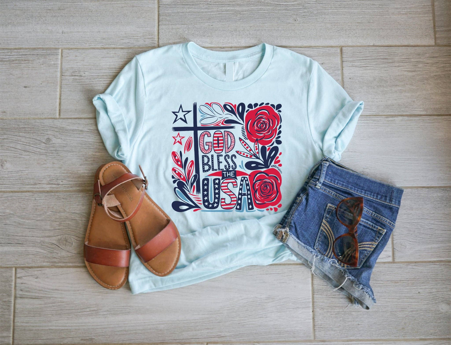 BLUE USA FLAG HEART PATRIOTIC 4TH OF JULY GRAPHIC TEE: L