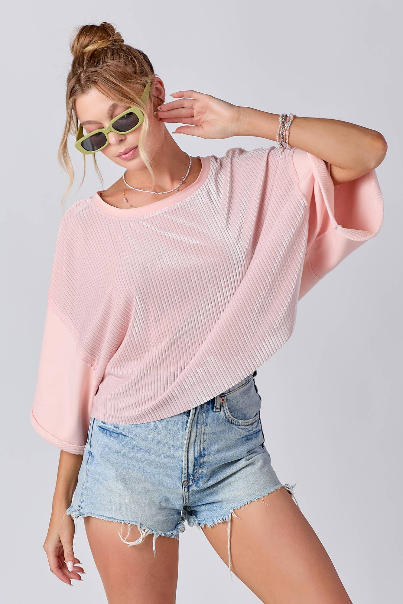 Mixed Fabric Round Neck Knit Top: PINK / M