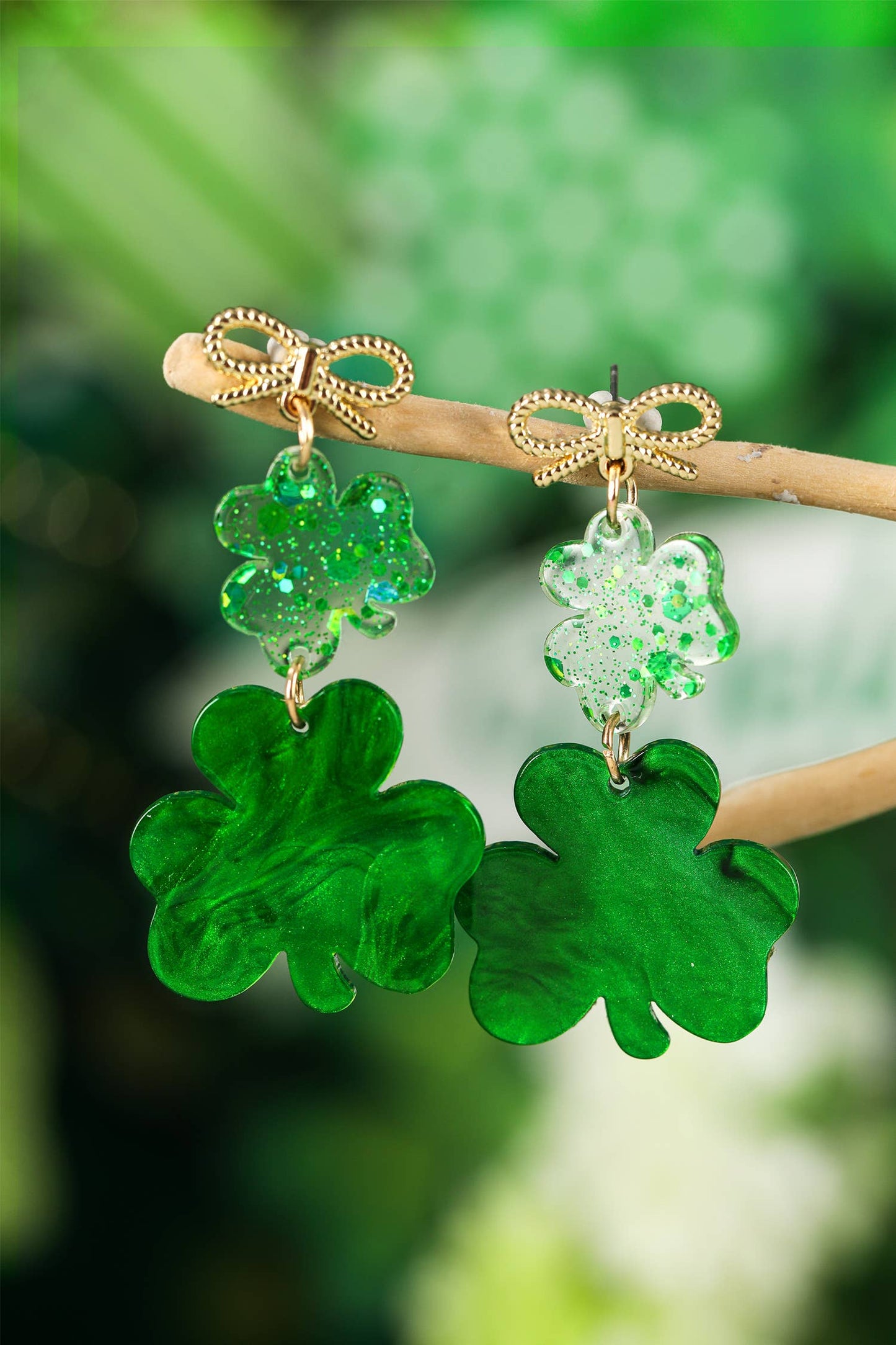 Clover Glitter Bow Drop Earrings Fashion Jewelry: Green / ONE SIZE