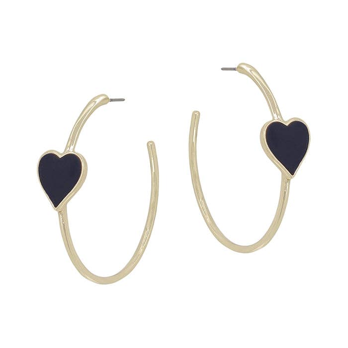 Black Enamel Heart on Gold Hoop 2" Earring