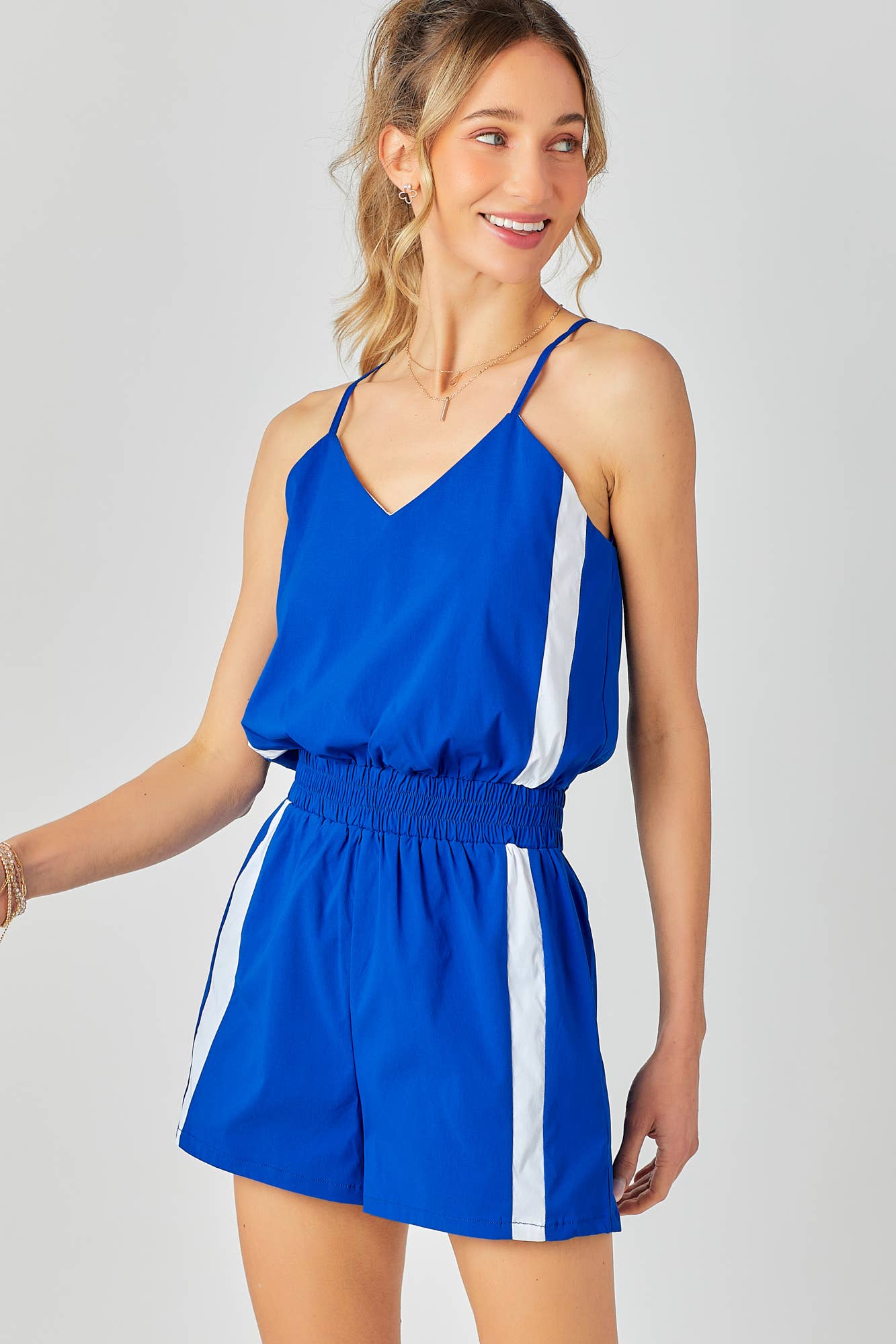 Side Striped Track Romper: ROYAL/WHITE / M