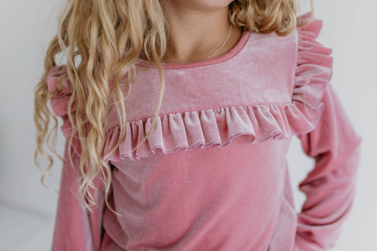 Girls Pink Velvet Ruffle Bow Fall Winter Fancy Pant Set: 3/4