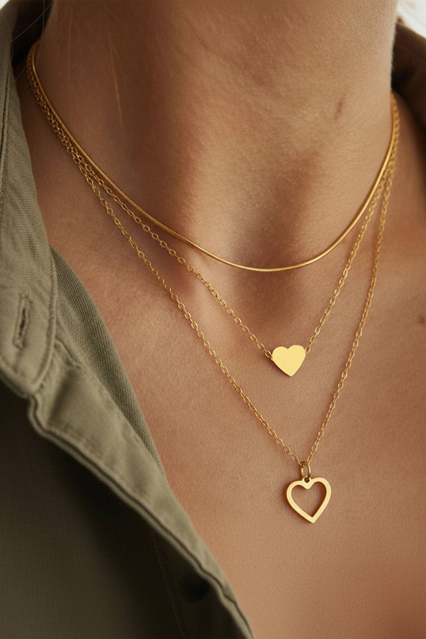 Valentines Plated Triple Layered Heart Necklace Set: Gold / ONE SIZE