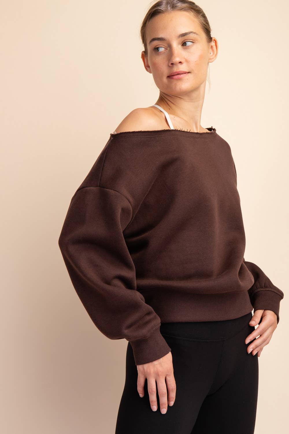 FRENCH TERRY FLEECE OFF SHOULDER SWEATSHIRT: Eucalyptus / S-M-L(2-2-2)