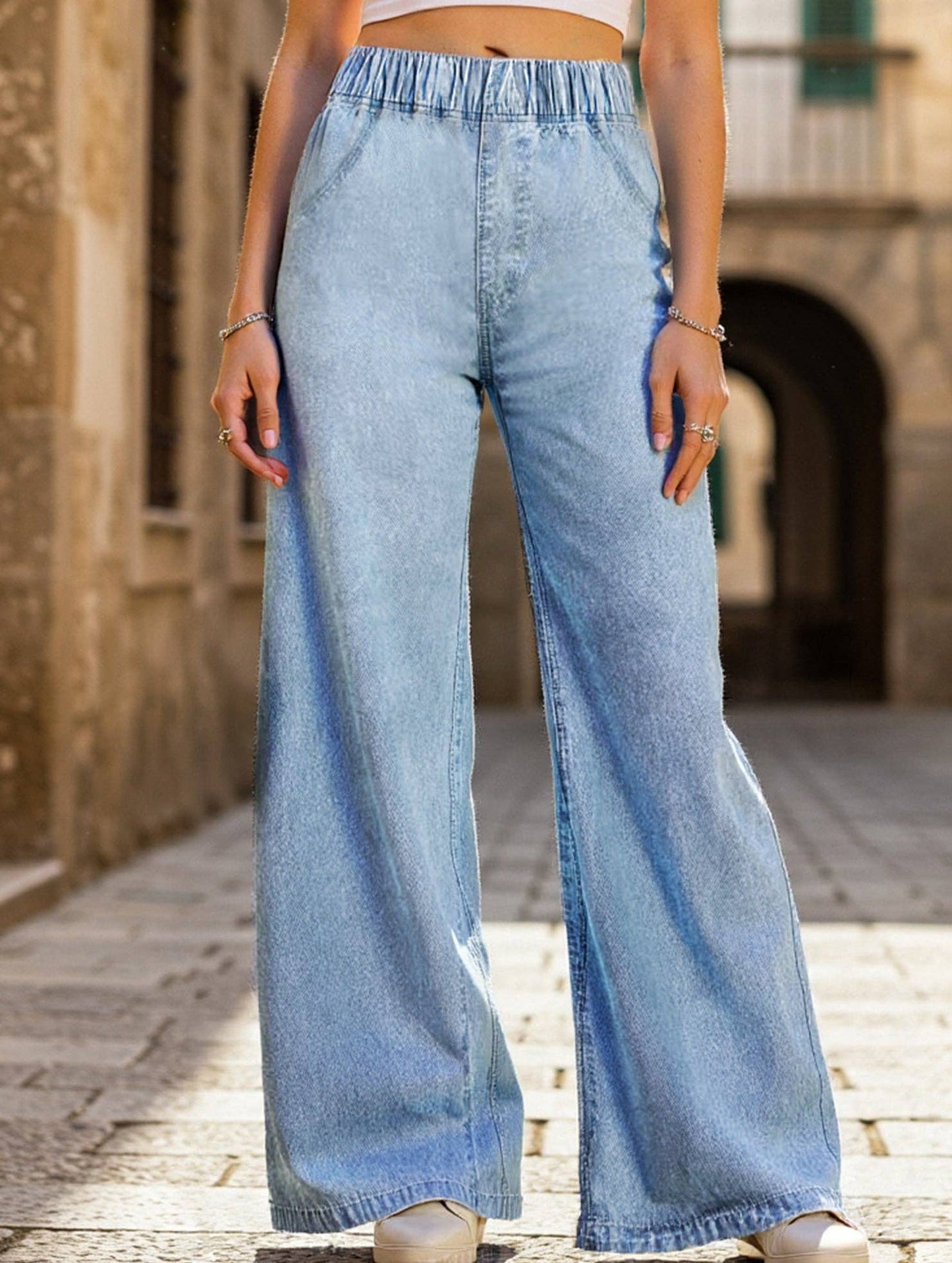 Wide-leg plus-size elastic waist jeans: DARKBLUE / (2XL) 1