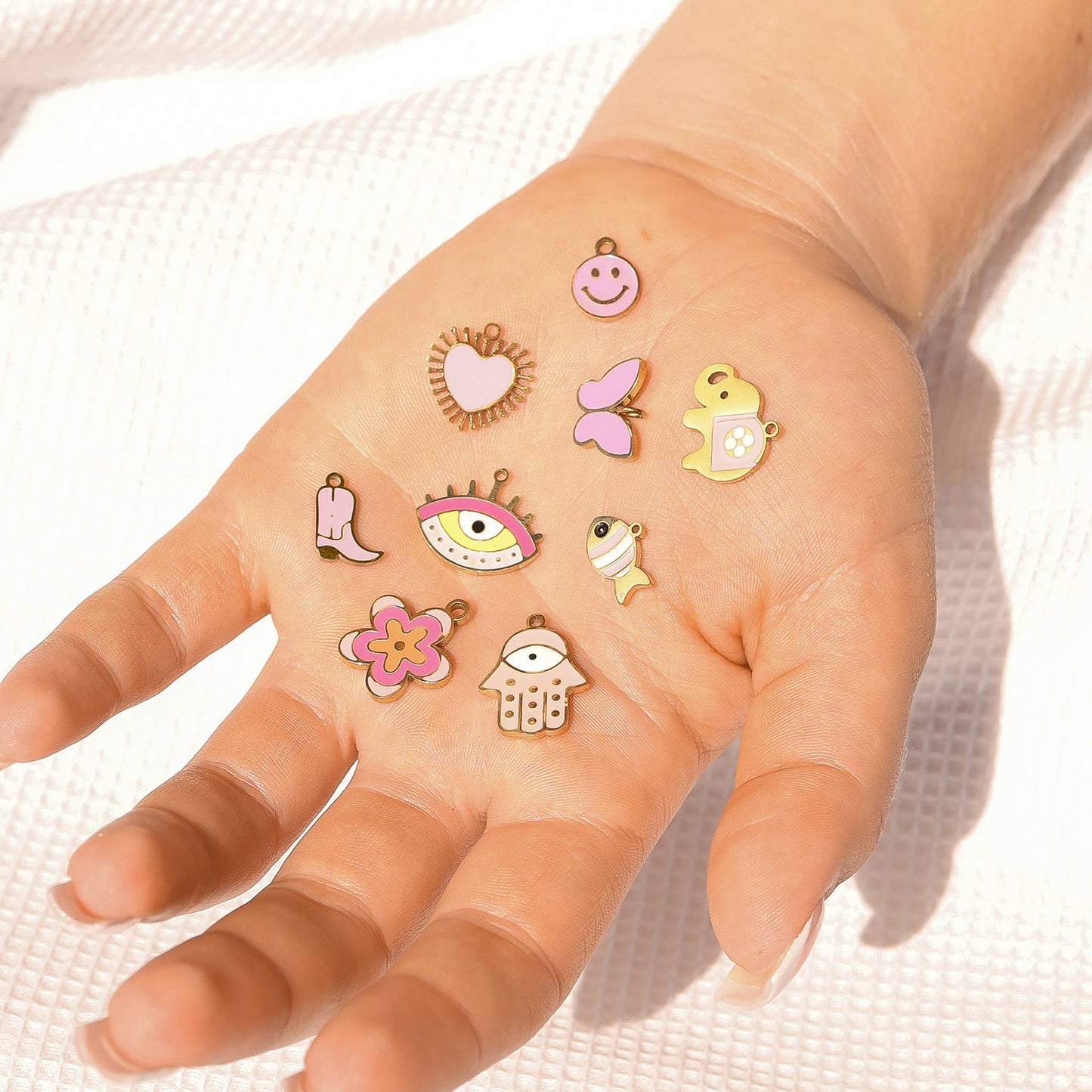 Stainless Steel Epoxy Pink Flower Charm: Gold
