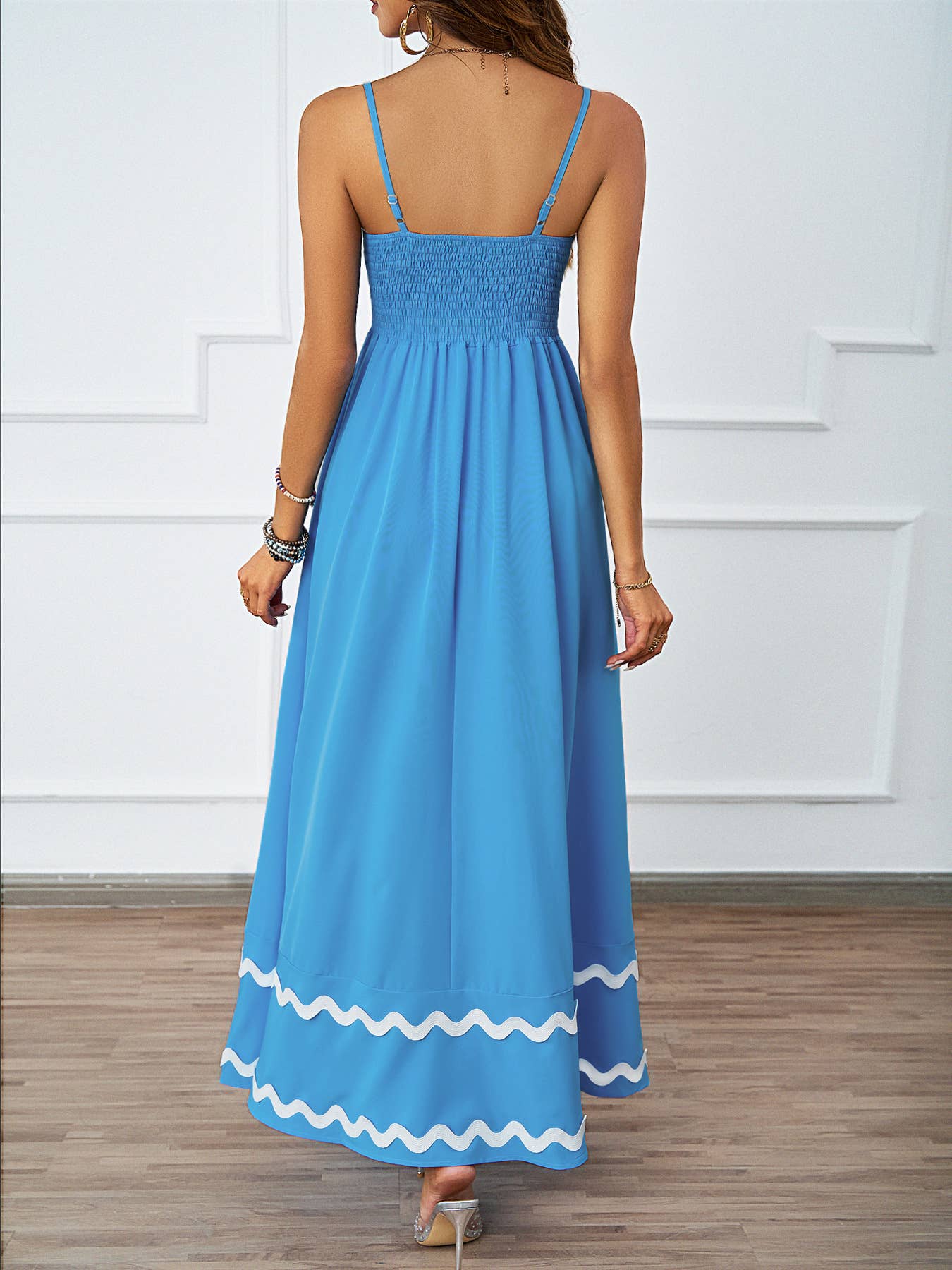 Summer Lace Patchwork Strap Bandeau Swing Maxi Dress: Blue / XL