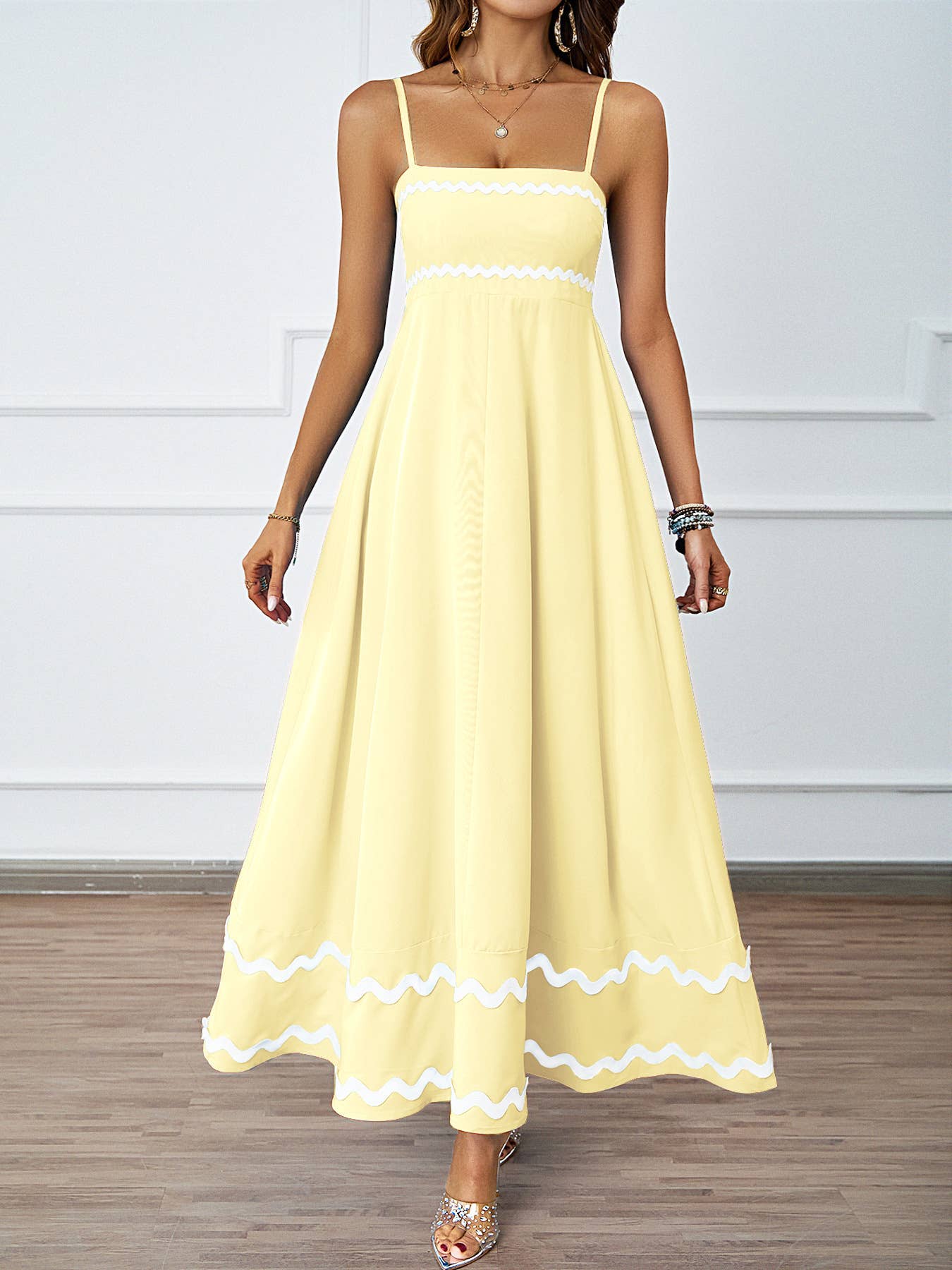 Summer Lace Patchwork Strap Bandeau Swing Maxi Dress: Blue / M