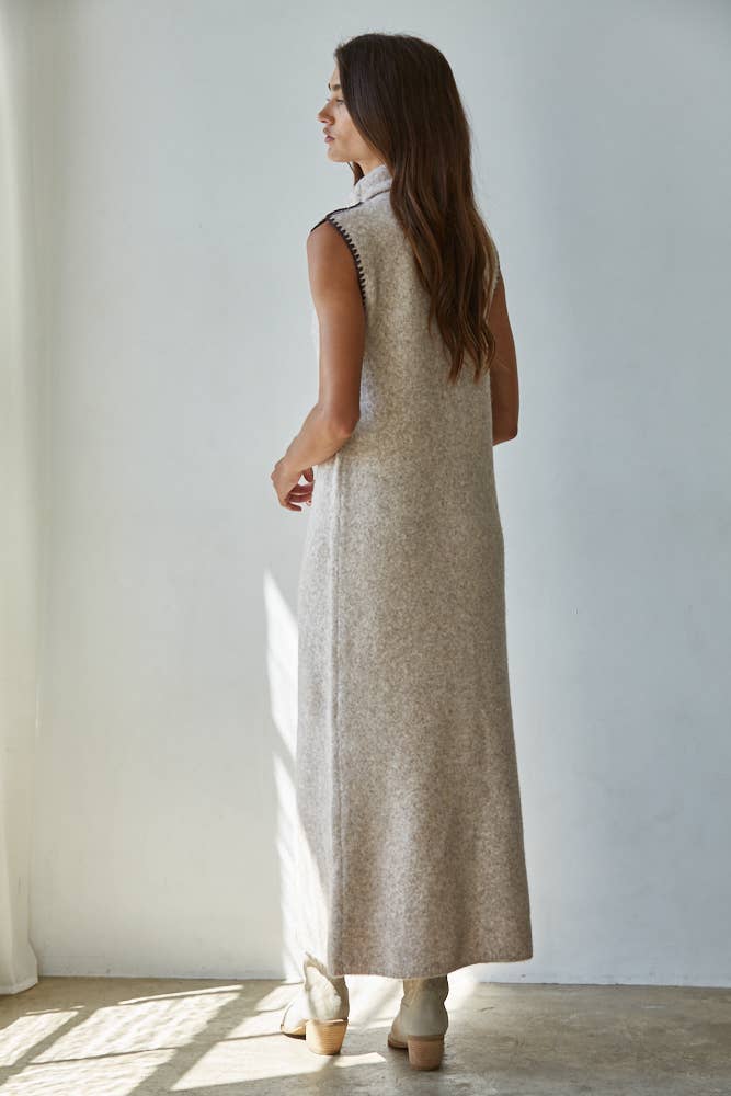 W2365 | Knit Sweater Turtle Neck Sleeveless Bodycon Maxi: Taupe / M