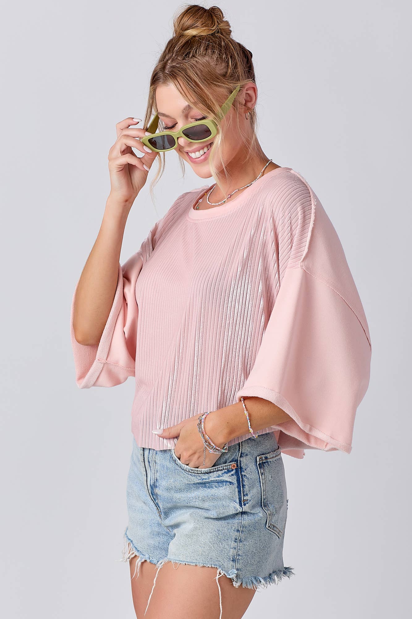 Mixed Fabric Round Neck Knit Top: PINK / M