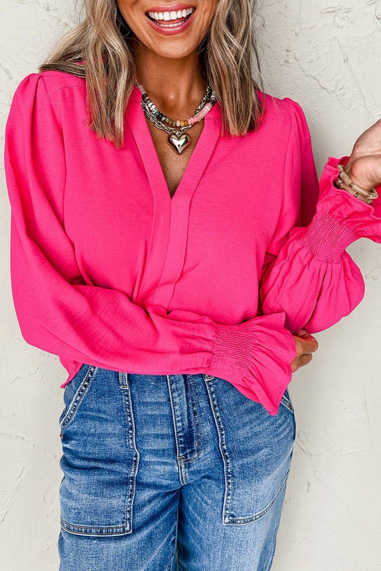 Solid Shirred Long Sleeve Blouse: Rose Red / M