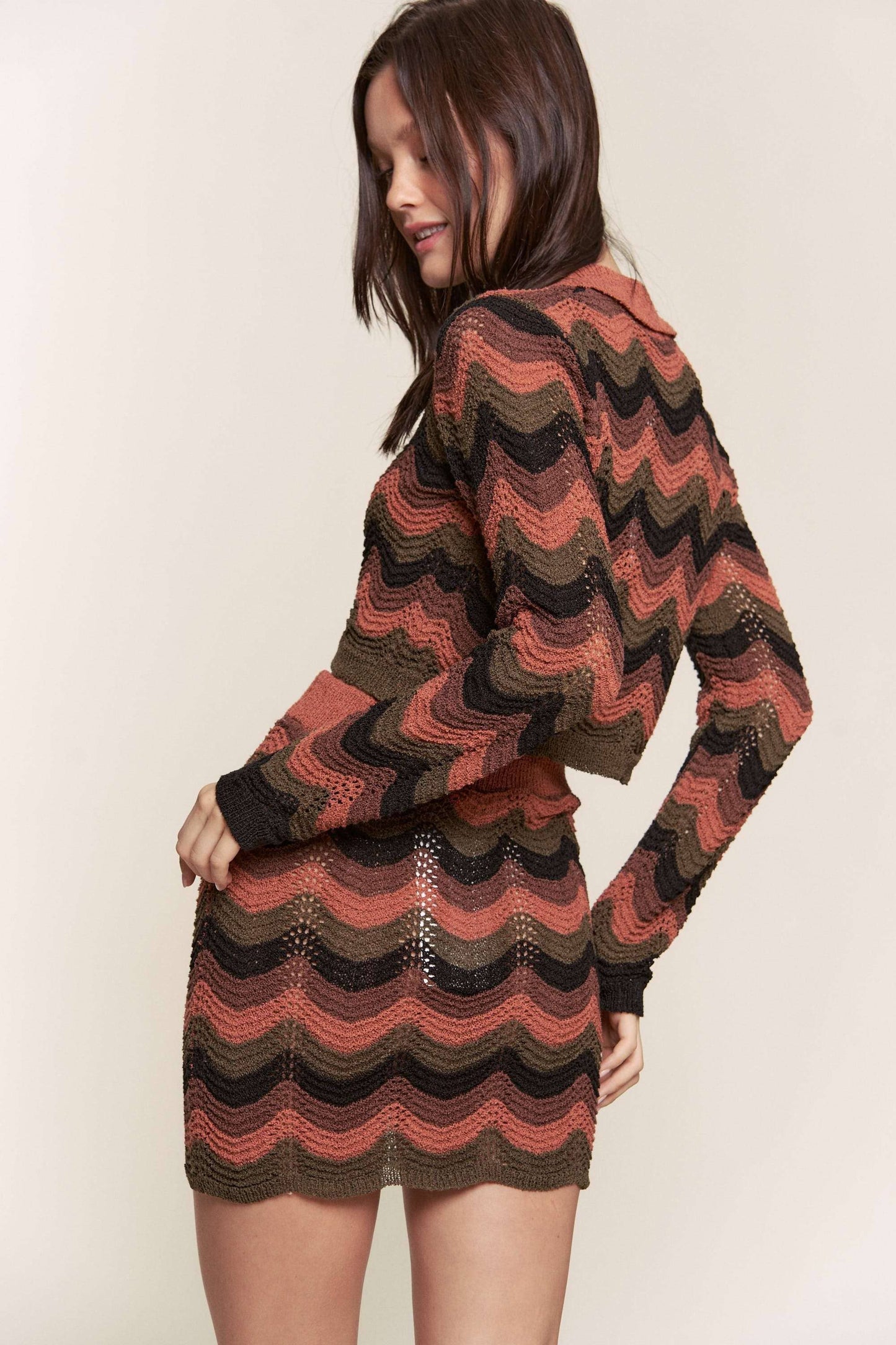 MISSONI MULTI COLOR BUTTON DOWN TOP AND SKIRTSET: BROWN MULTI / S