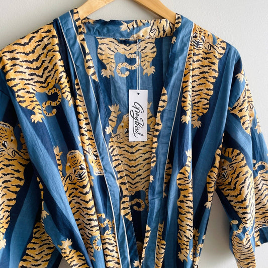 POPULAR 100% Cotton Block Printed Kimono Robe- Blue Tiger