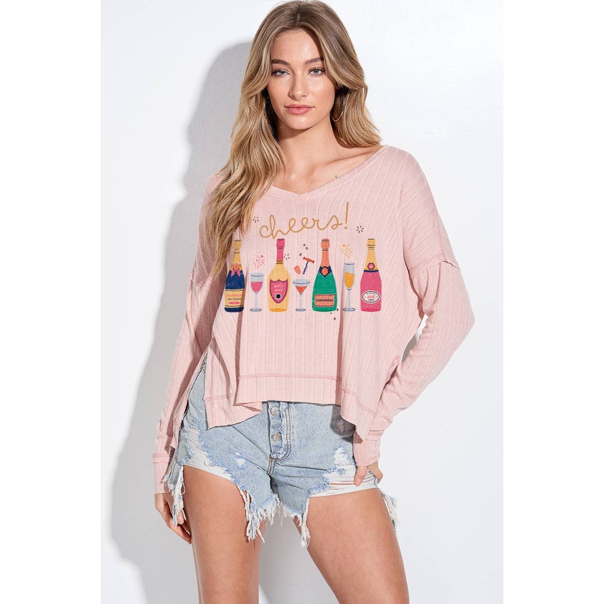 Holiday champagne bottle v neck long sleeve top: Butter / L