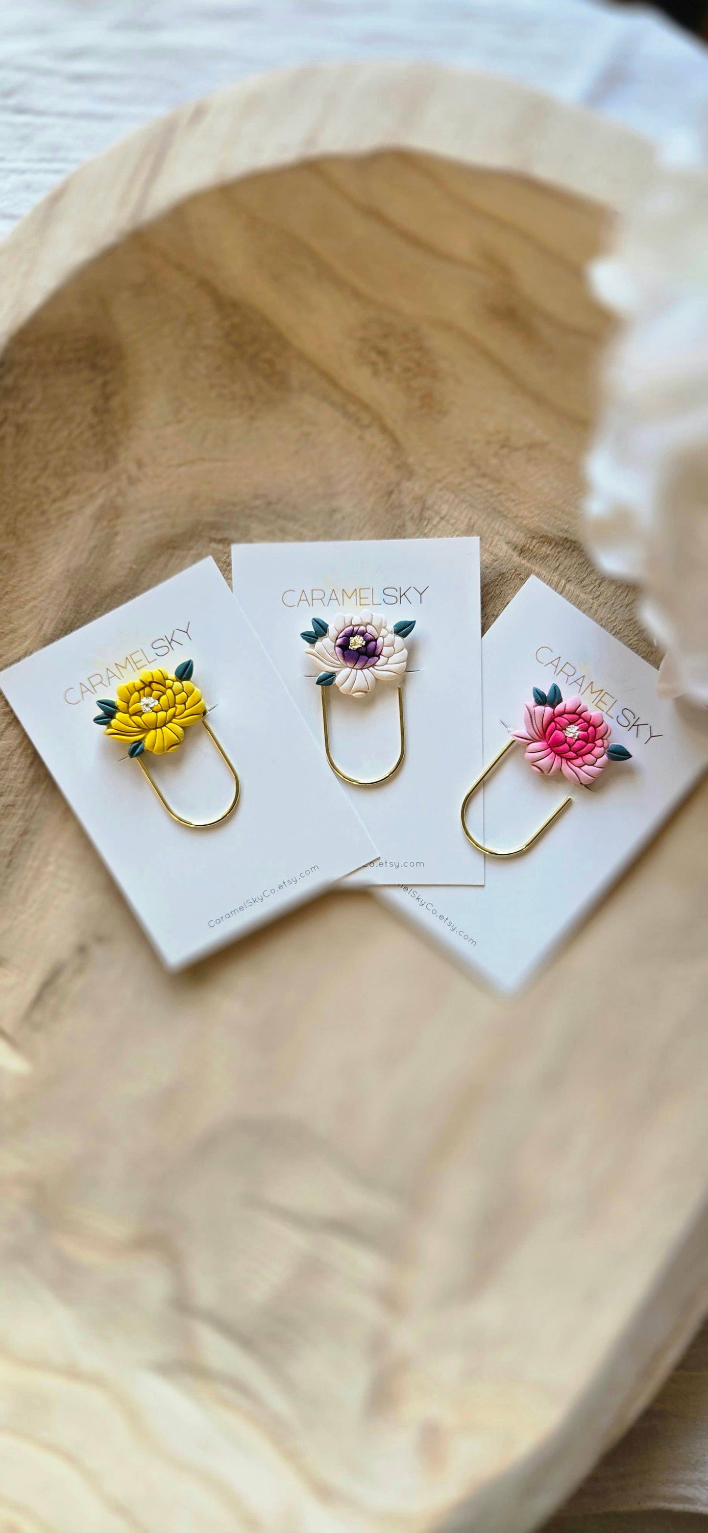 Handmade Peony Flower Paperclip Bookmark, Clay Bookmark: Yellow