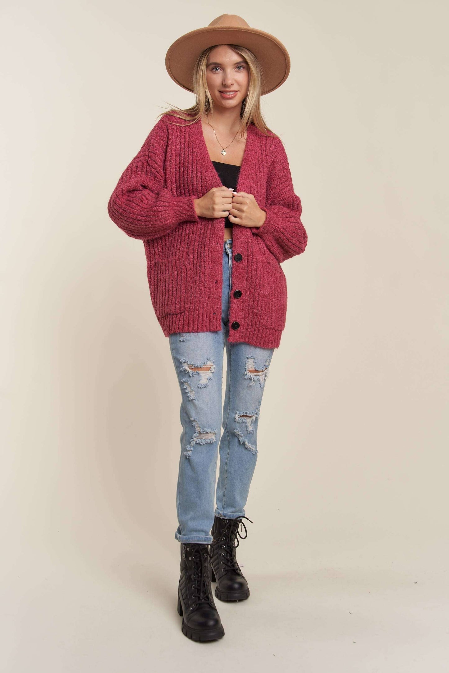 LESW3441A -  BUTTON DOWN COZY SWEATER CARDIGAN: HOT PINK / M/L