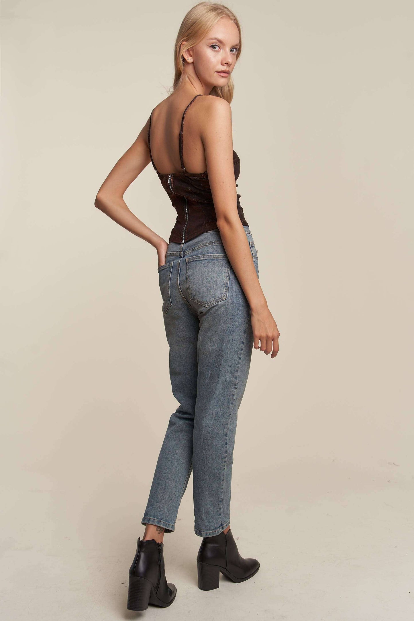 FOILED CAMI CORSET TOP WITH SPAGHETTI STRAP: COPPER / S