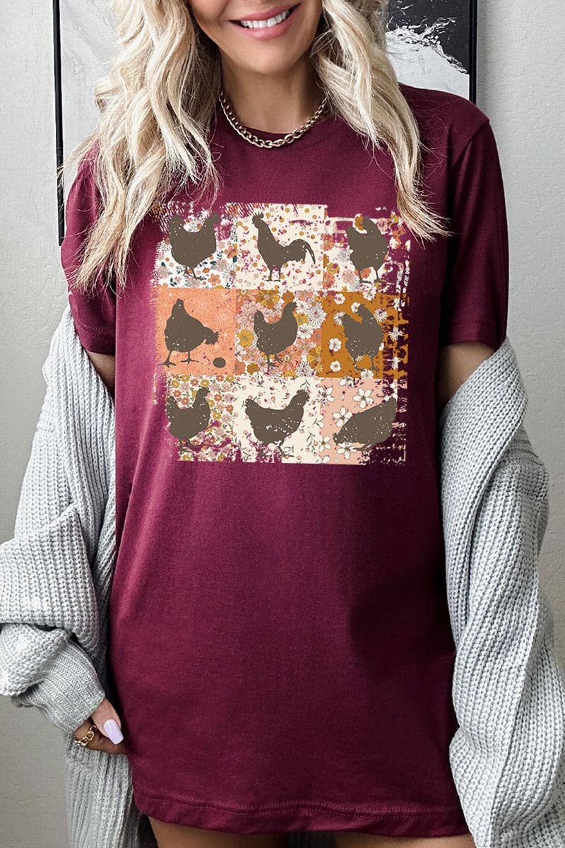 RETRO VINTAGE CHICKENS UNISEX SHORT SLEEVE,GRAPHIC: MAUVE / L