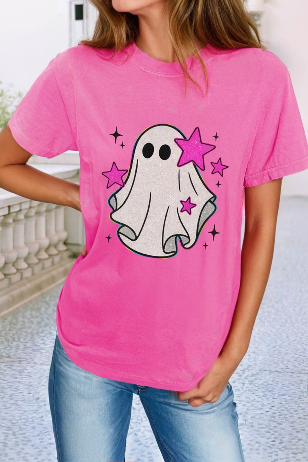 LDC Glitter Ghost Graphic Halloween T Shirt: Sachet Pink / XL