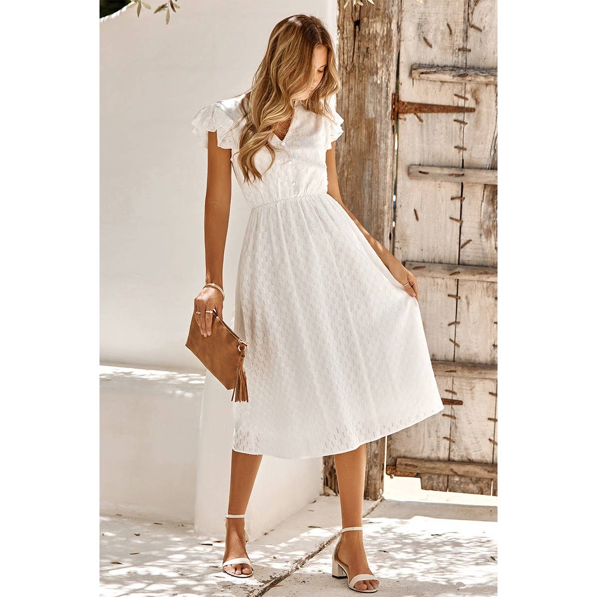 Solid Flutter Sleeve V-neck Buttoned Dress: WHITE / L