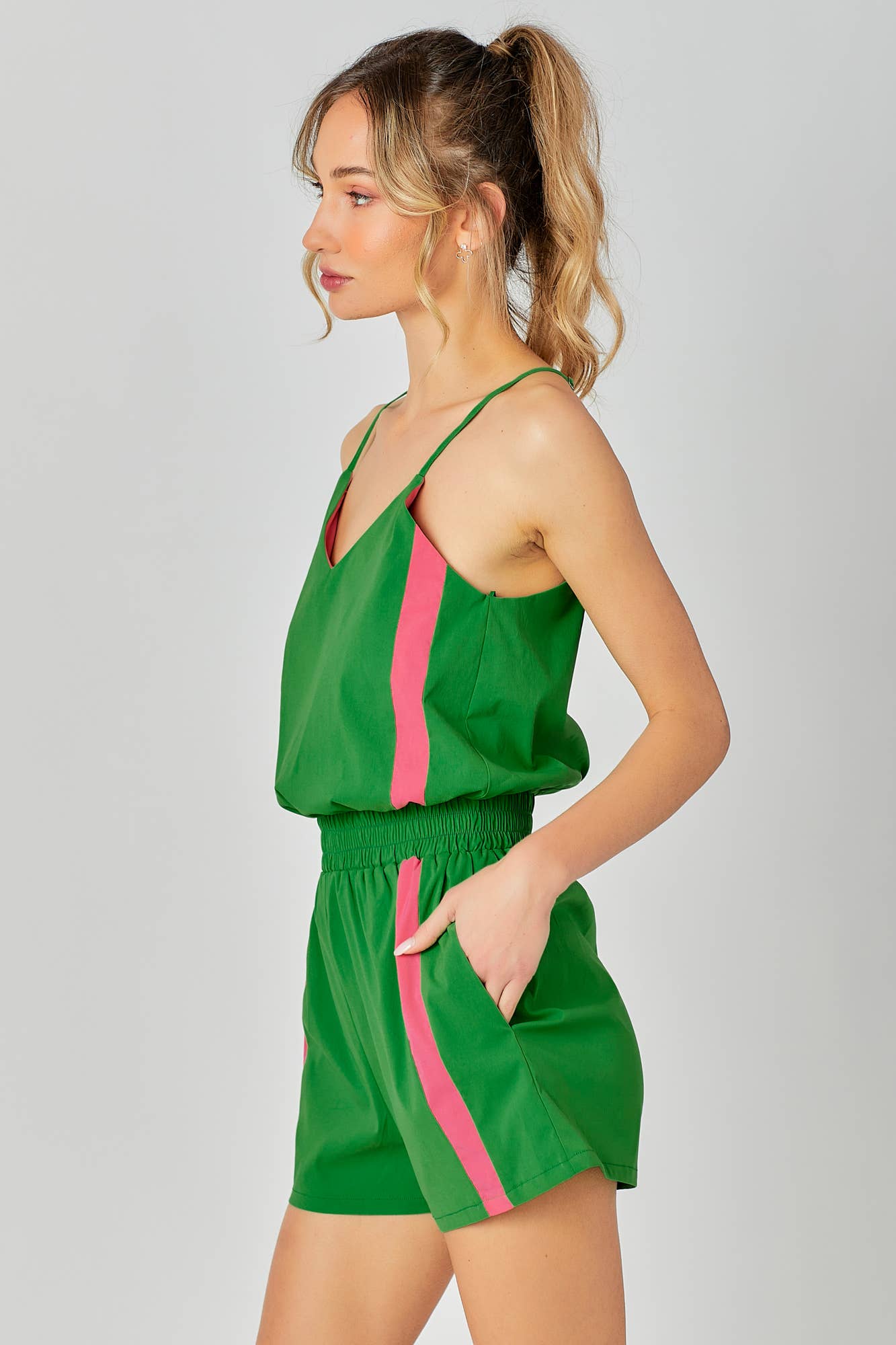 Side Striped Track Romper: GREEN/PINK / S