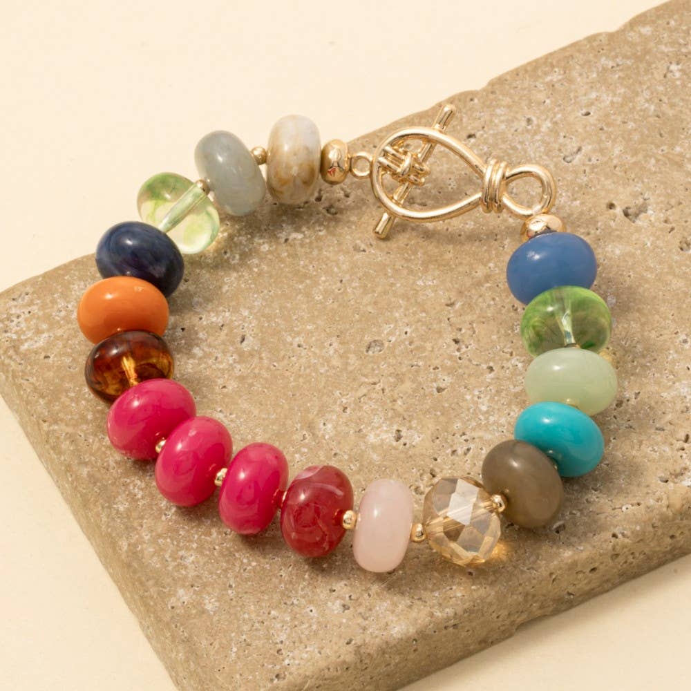 Mixed Faceted And Marble Resin Disc Beaded Toggle Bracelet: NAT