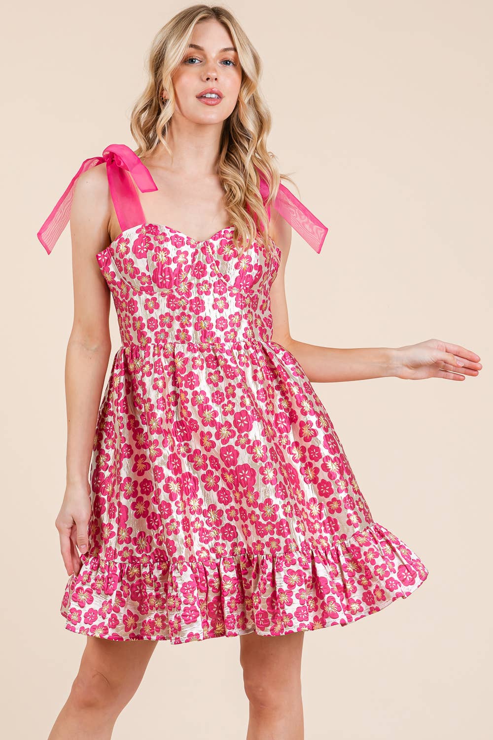 Floral Jacquard Tiered Mini Sundress, MD51647: Sage / L
