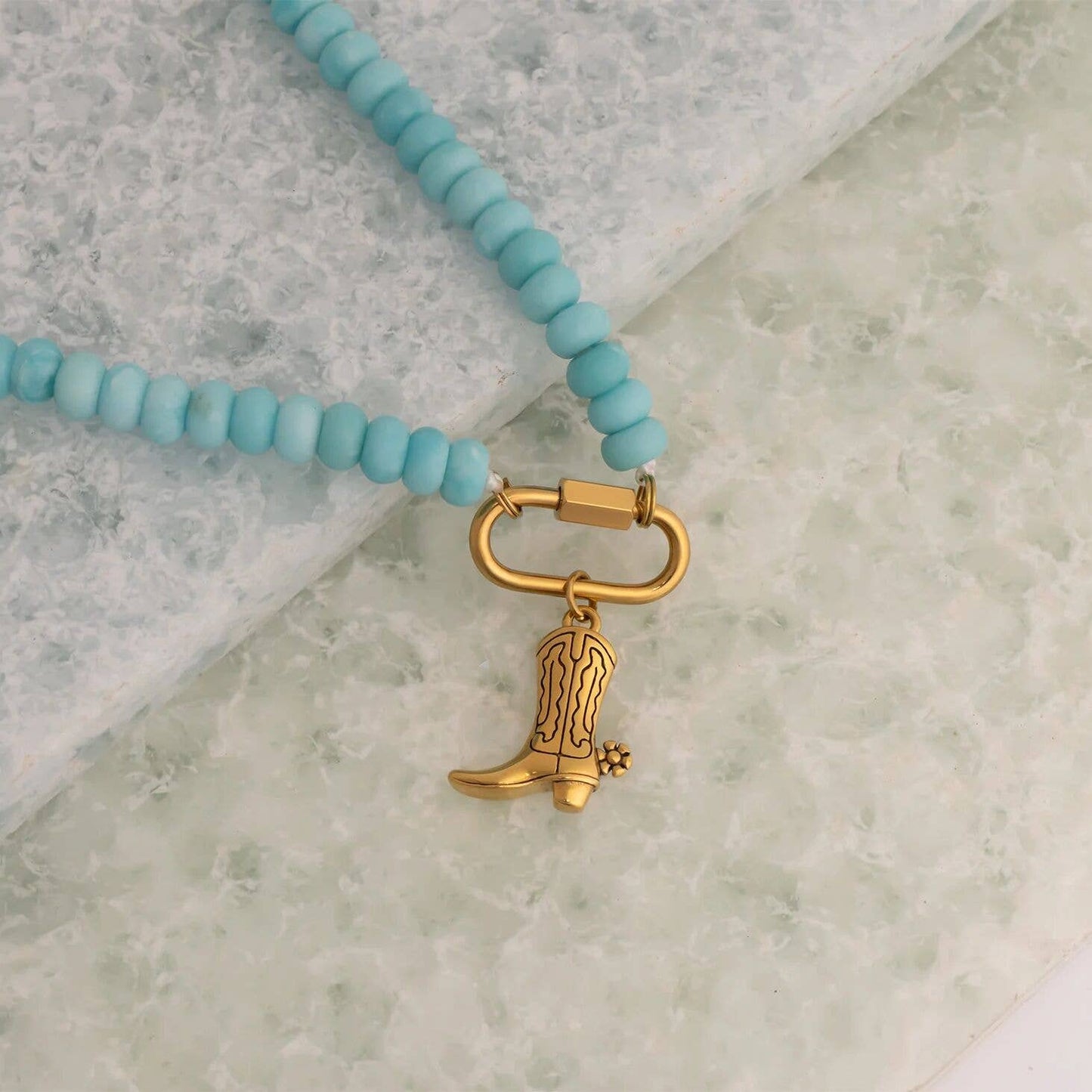 Stainless Steel Turquoise Chunky Bead Carabiner Necklace: Gold