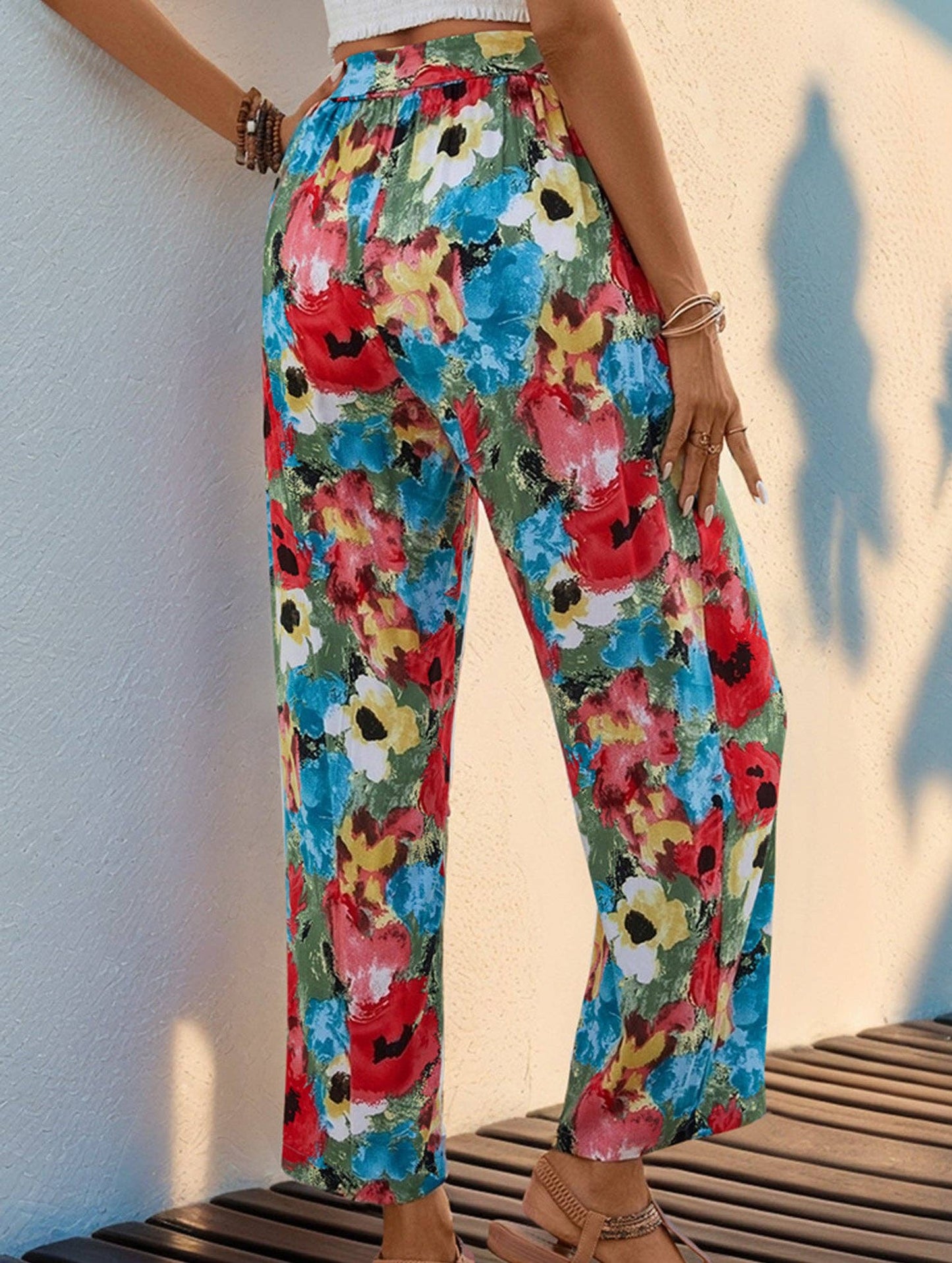 High-waisted casual vacation wide-leg pants: Green / (M) 1