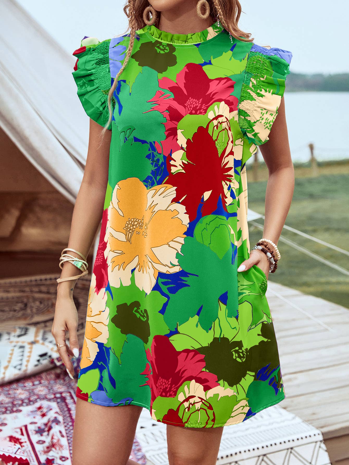 Colorful Floral Print Ruffled Sleeve Mini Dress: Blue / 2XL