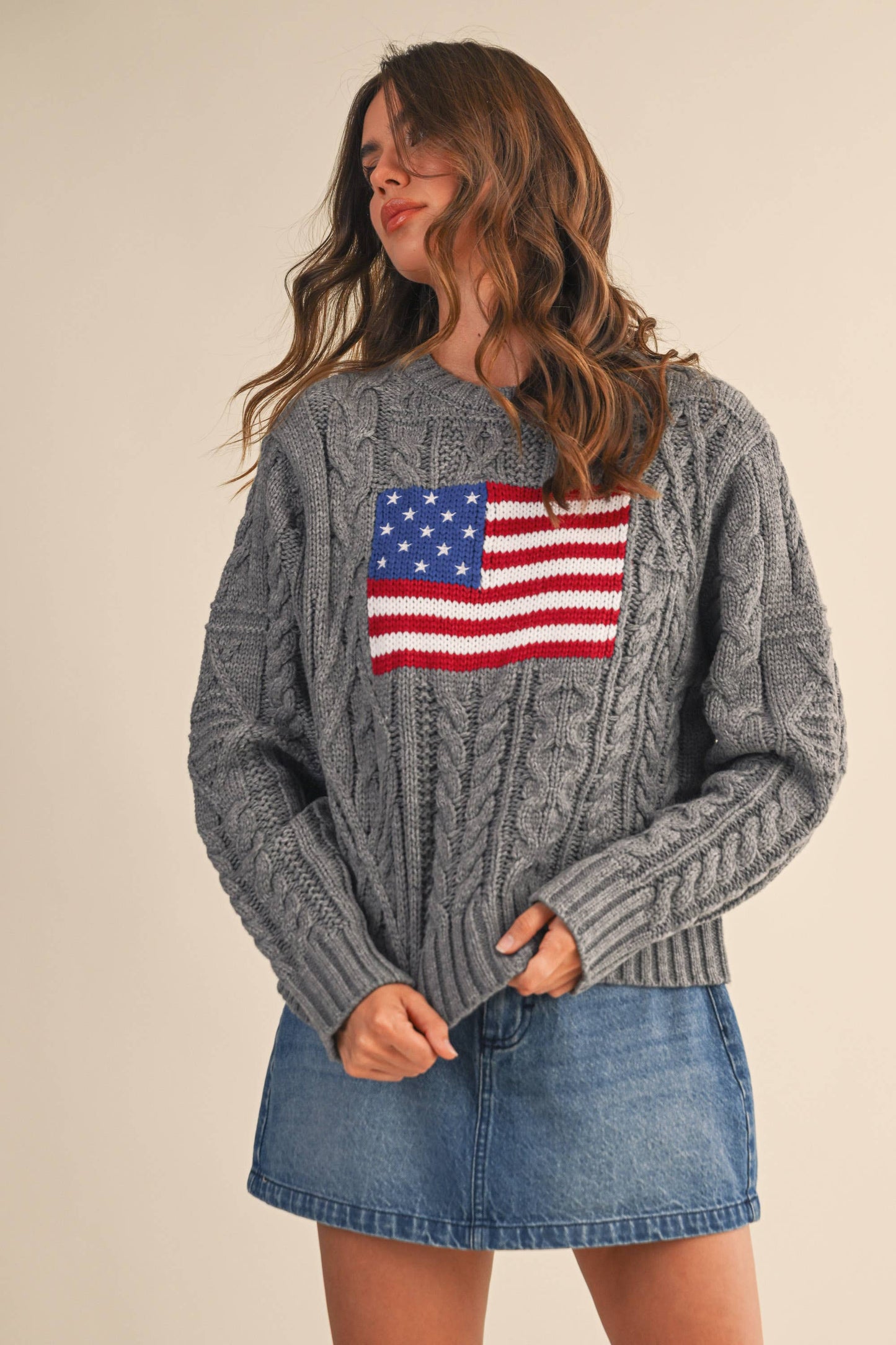 IT4473 USA FLAG CABLE KNIT SWEATER: CREAM / L