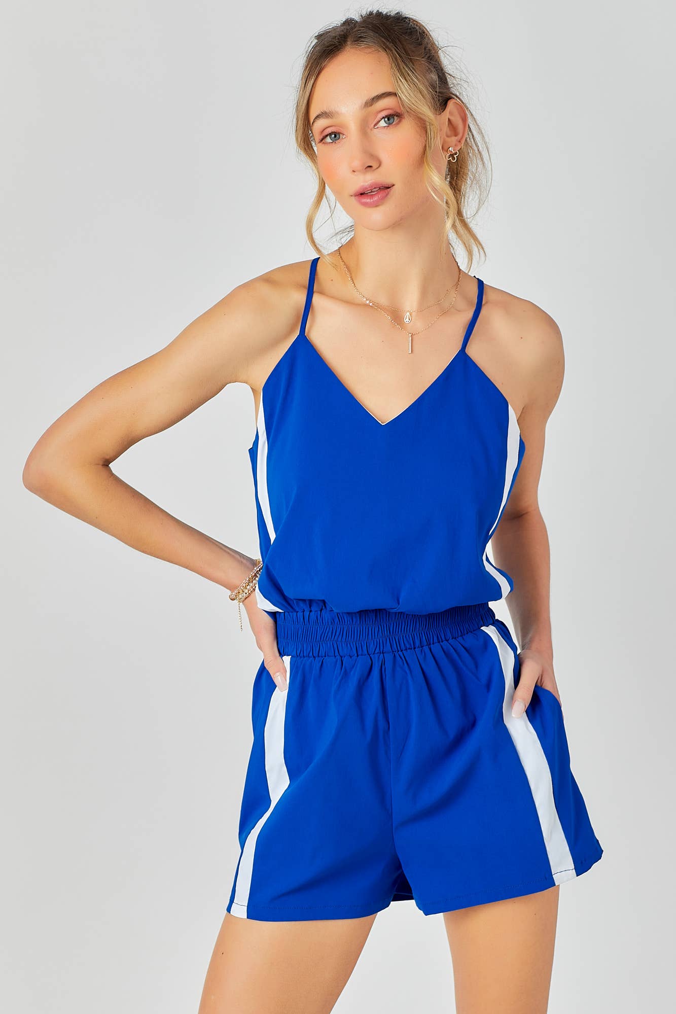 Side Striped Track Romper: ROYAL/WHITE / M