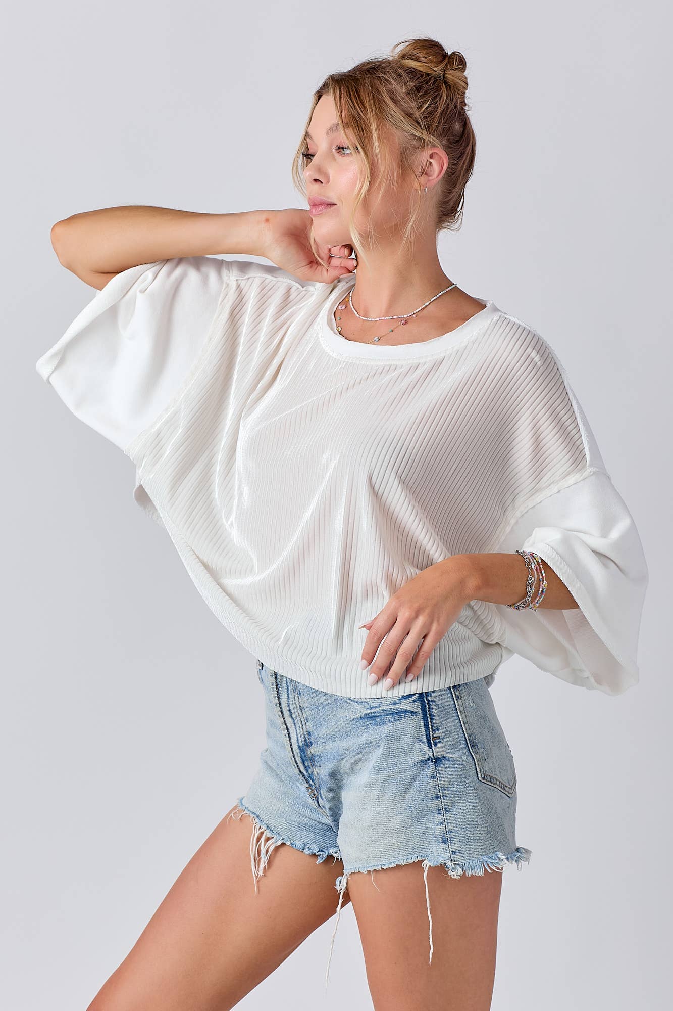 Mixed Fabric Round Neck Knit Top: IVORY / L