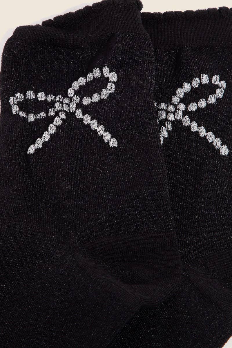 Silver Glitter Ribbon Bow Embroidered Black Socks: Black
