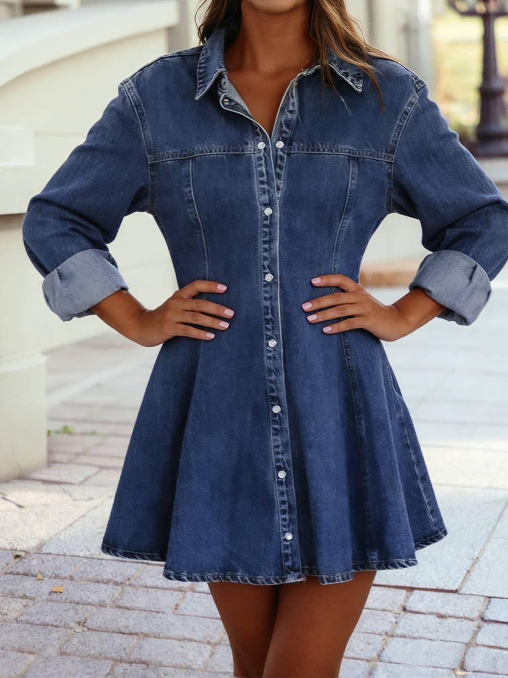 Denim Shirt Collar Long Sleeve Flared Mini Dress: Ashleigh Blue / M