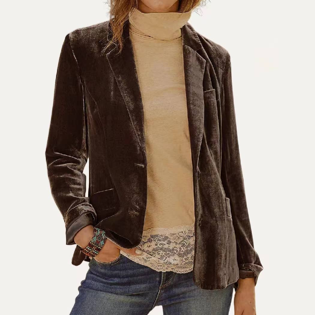 Classic Solid Velvet Collared Neck Long Sleeve Button Blazer: Red / XL