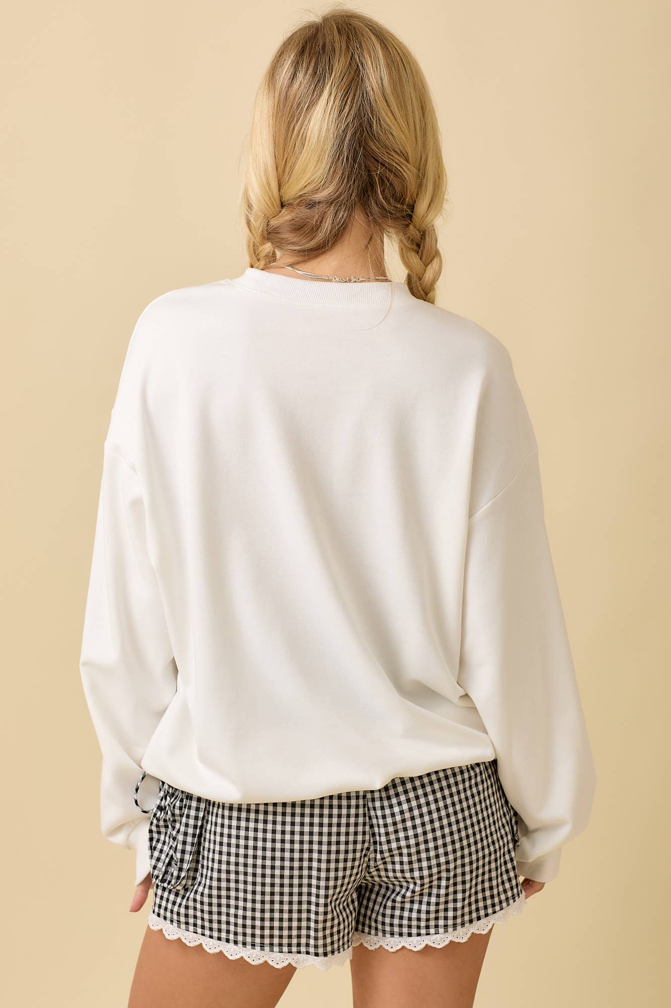 Football Game Day Patchwork Long Sleeve Crewneck Top: WHITE / S