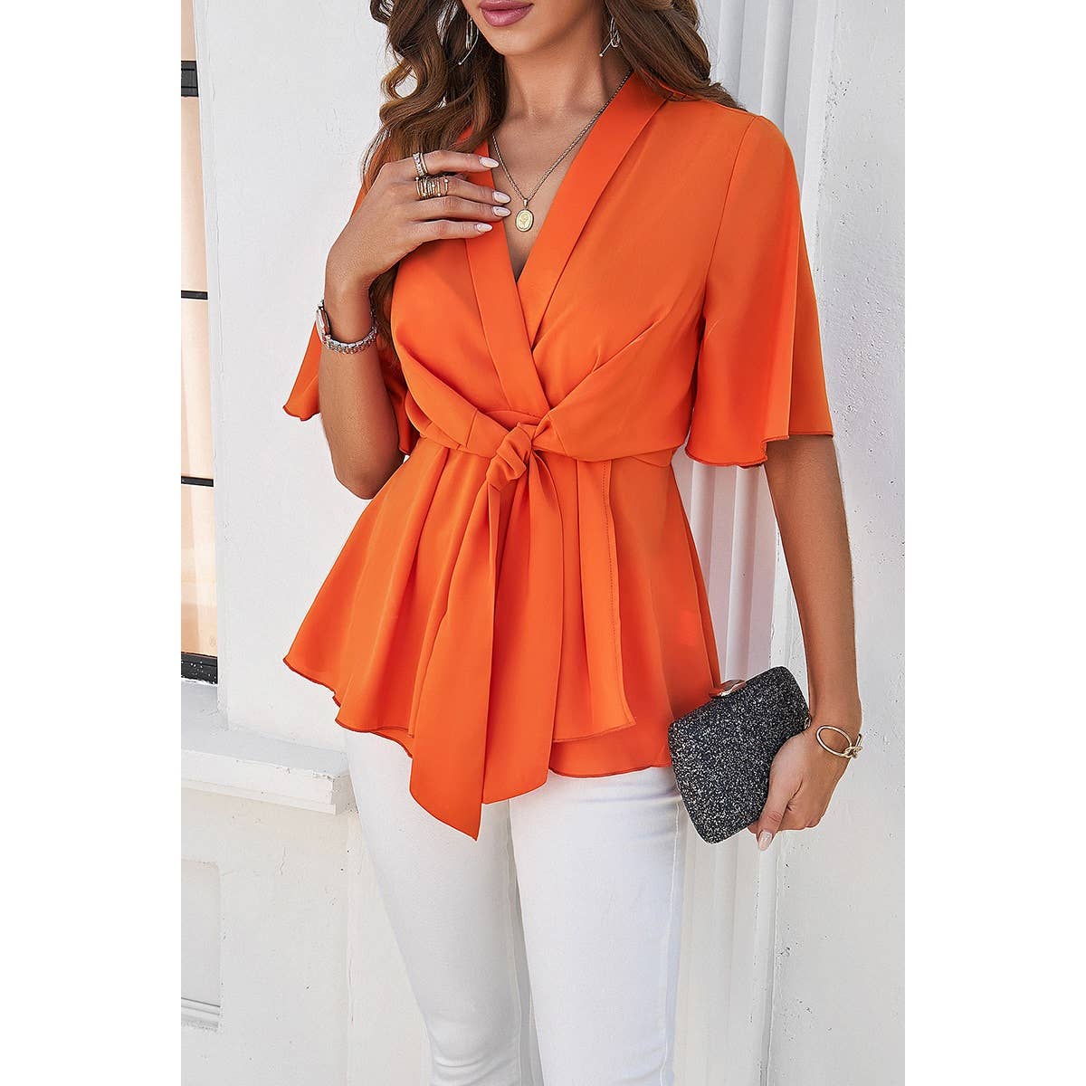 Wide Sleeve Deep V Knot Cross Ruffle Fit Blouse: BLUE / M