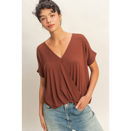 DZ22A998-V-Neck Oversized Top: CHOCOLATE / S-M-L(2-2-2)